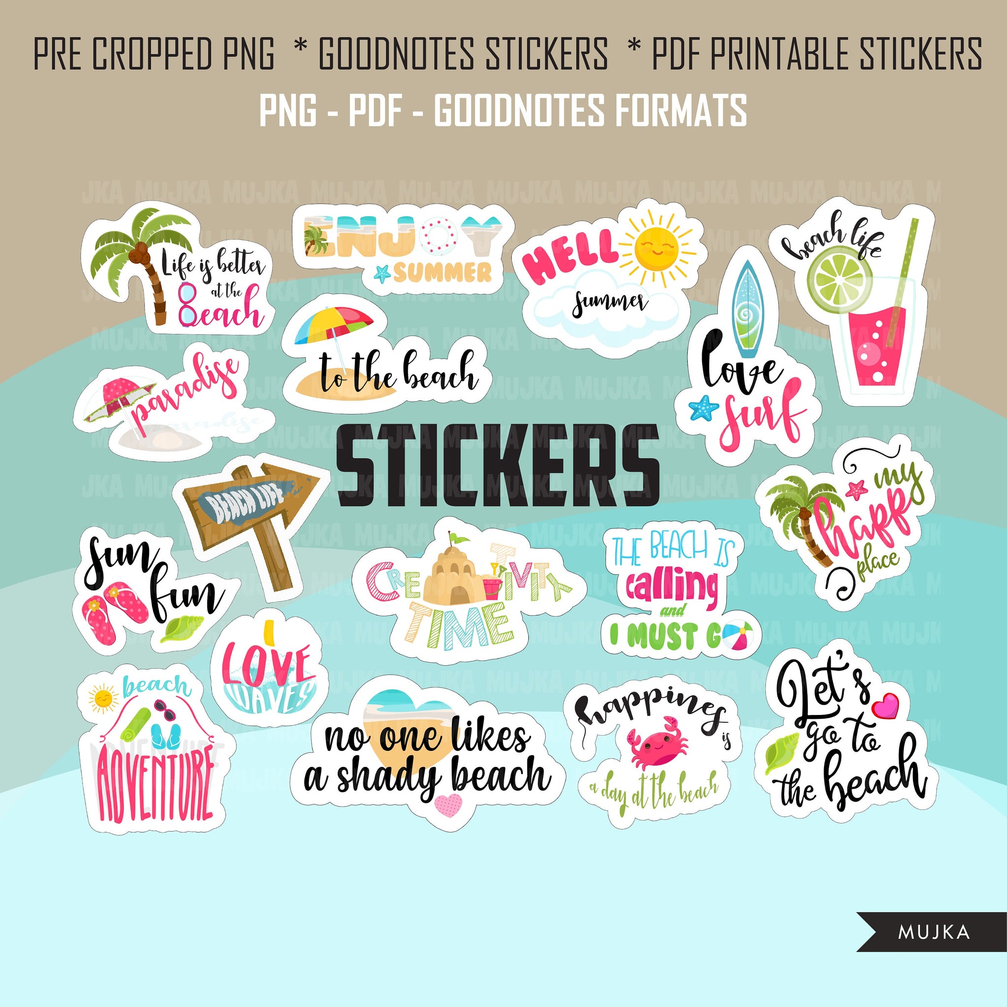 BEACH SUMMER stickers, Goodnotes stickers, planner stickers, png precropped stickers, printable SUMMER stickers, travel sublimation png