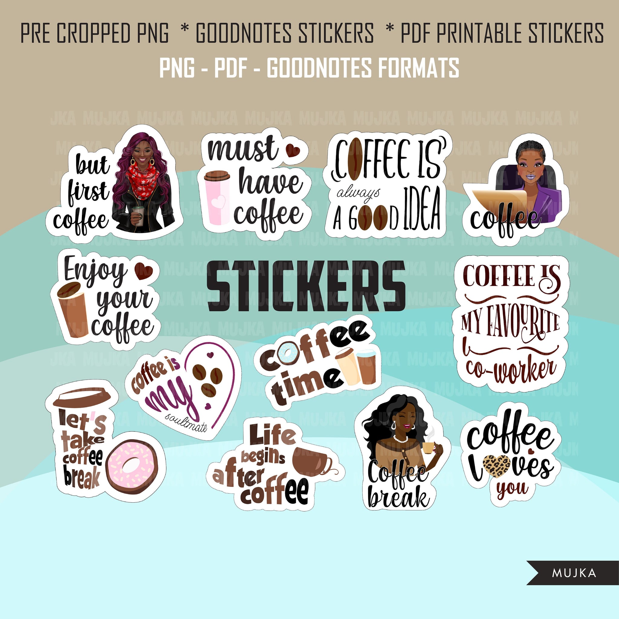 Coffee stickers, Goodnotes stickers, planner stickers, png precropped stickers, printable coffee stickers, black woman sublimation png