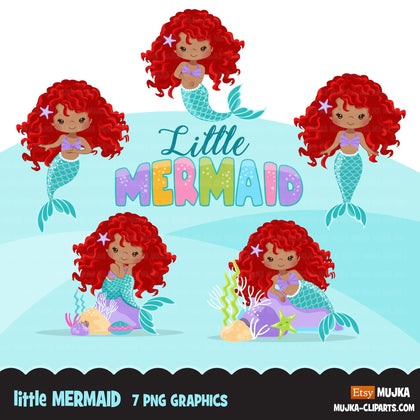 Little Mermaid clipart, mermaid PNG, mermaid sublimation graphics, black mermaid clipart, mermaid birthday party, afro girl PNG clip art