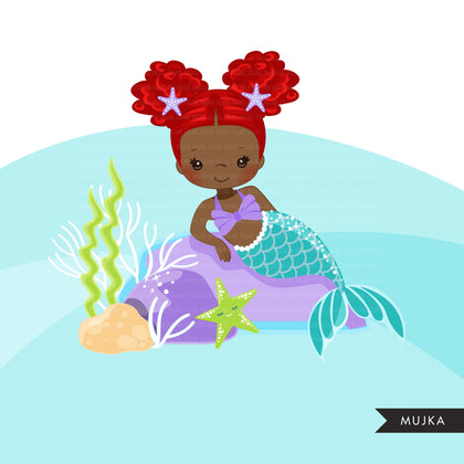 Little Mermaid clipart, mermaid PNG, mermaid sublimation graphics, black mermaid clipart, mermaid birthday party, afro girl PNG clip art