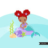 Little Mermaid clipart, mermaid PNG, mermaid sublimation graphics, black mermaid clipart, mermaid birthday party, afro girl PNG clip art