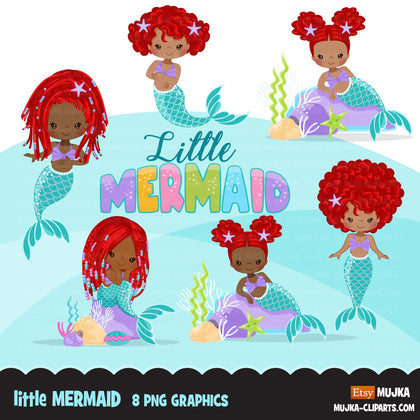 Little Mermaid clipart, mermaid PNG, mermaid sublimation graphics, black mermaid clipart, mermaid birthday party, afro girl PNG clip art