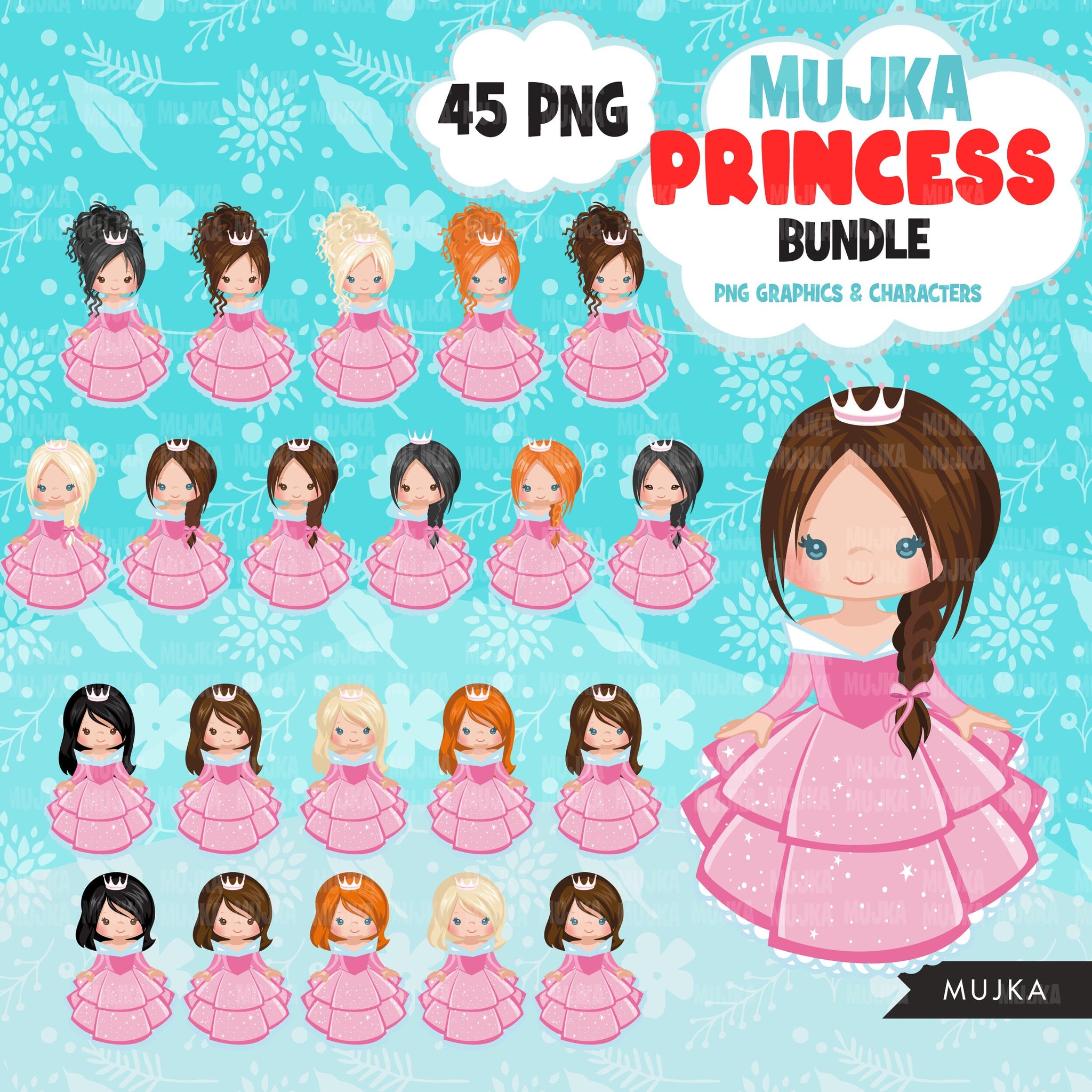 Princess Bundle, princess png, pink princess clipart, birthday bundle, black princess png, afro princess clipart, latino prensess, asian png, black girl