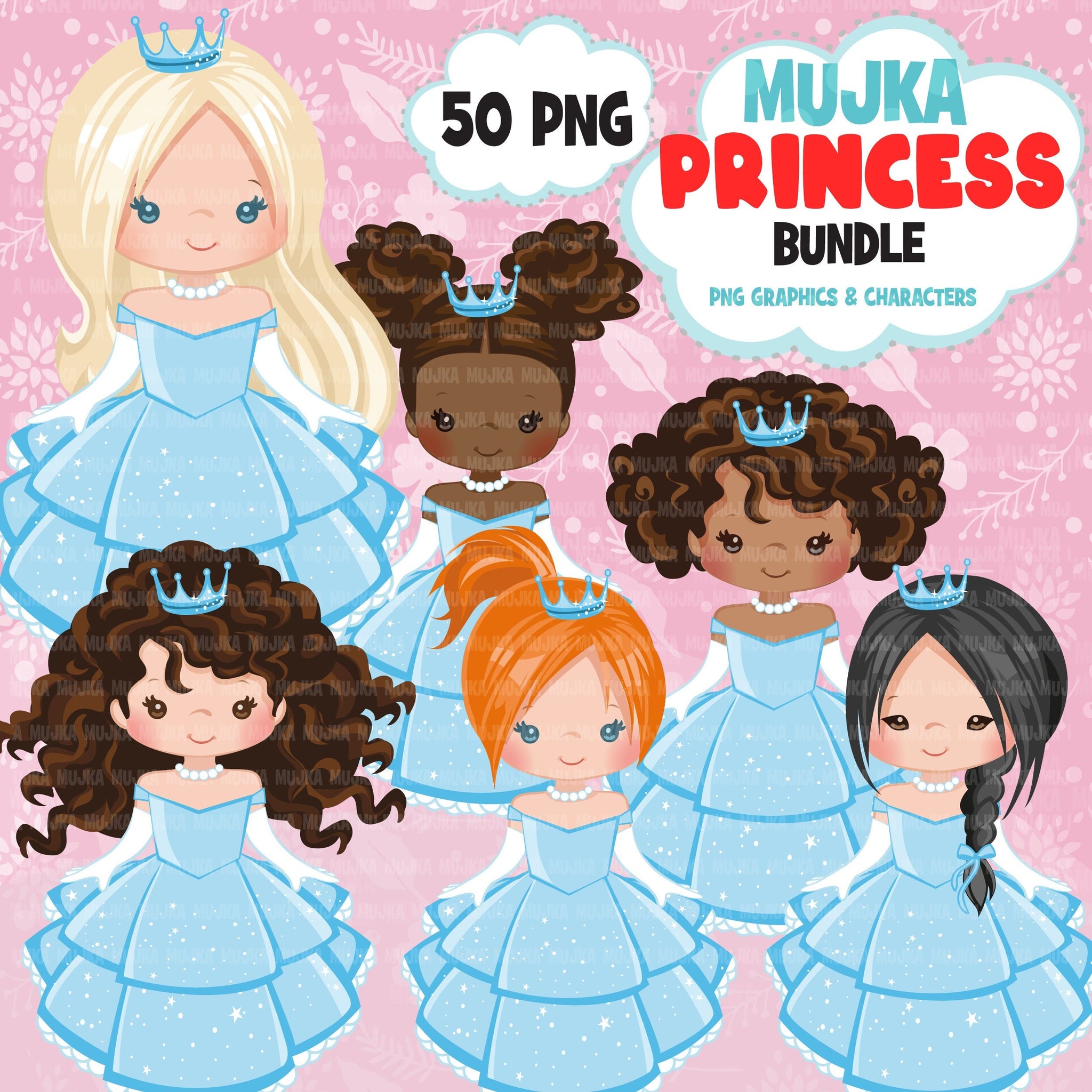 Princess Bundle, princess png, princess clipart, birthday bundle, black princess png, afro princess clipart, latino prensess, asian png, girl