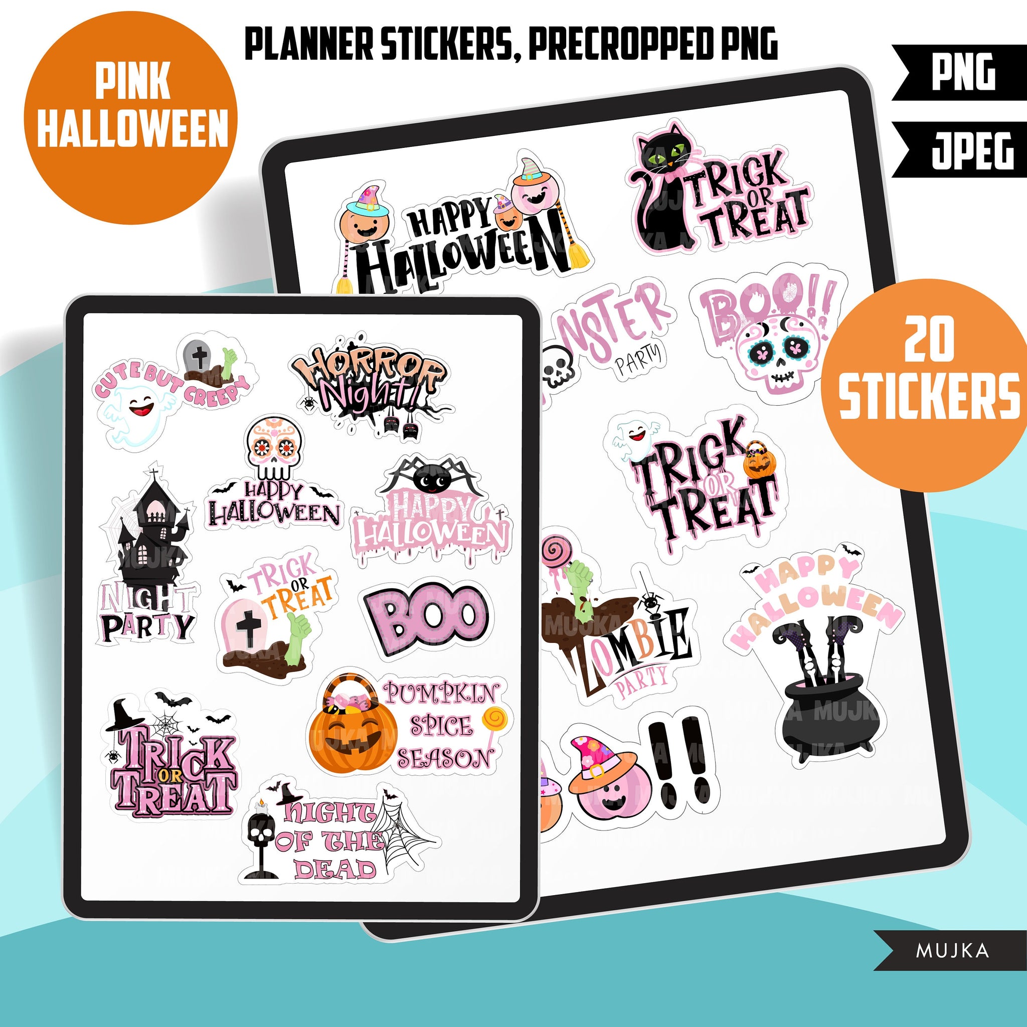 Printable Halloween stickers, precropped png stickers, trick or treat stickers, sugar skull stickers, goodnotes planner stickers, pink png