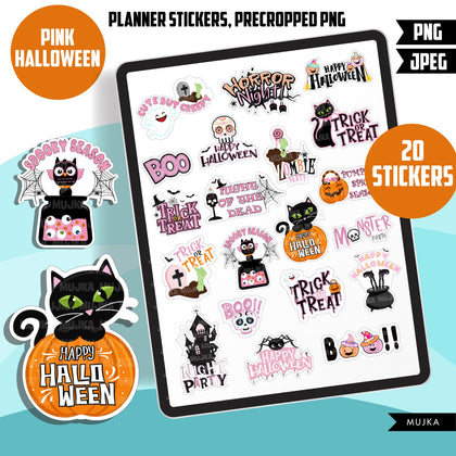 Printable Halloween stickers, precropped png stickers, trick or treat stickers, sugar skull stickers, goodnotes planner stickers, pink png