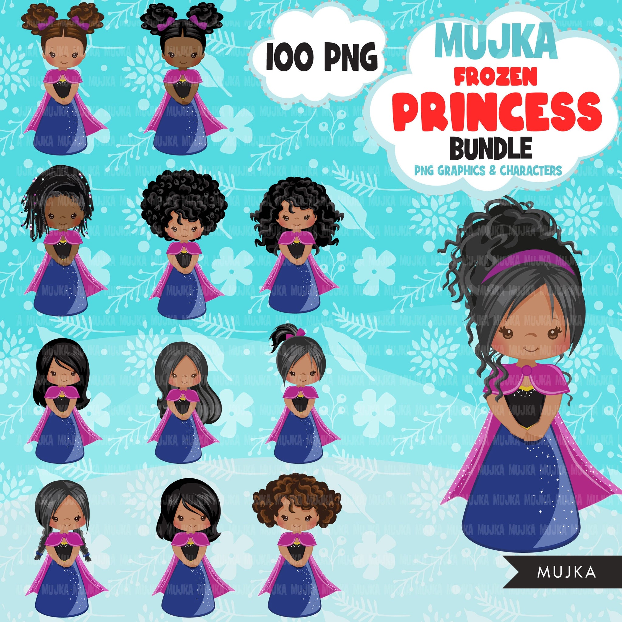 Princess Bundle, princess png, princess clipart, birthday bundle, black princess png, afro princess clipart, Latino princess, Asian girl png