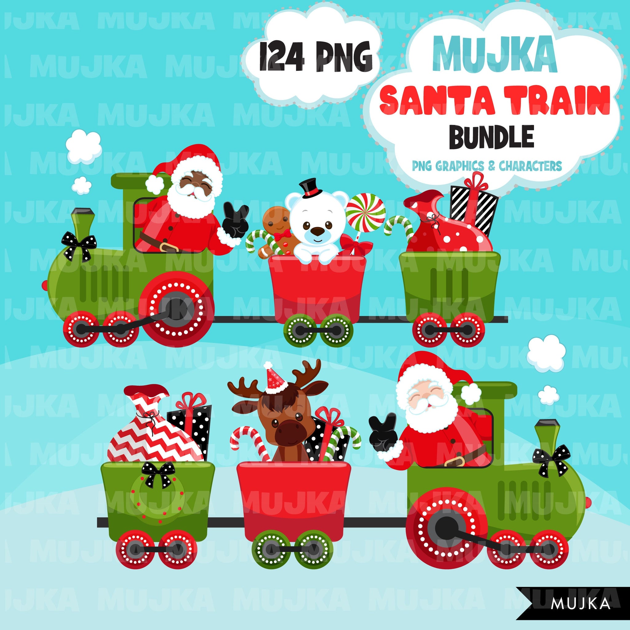 Santa train PNG, Santa Bundle, Black Santa Png, Christmas train clipart, Christmas sublimation design, Christmas wagon png, African American