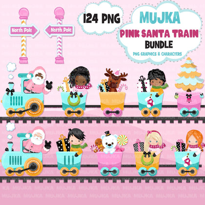 Pink Santa train PNG, Santa Bundle, Black Santa Png, Pink Christmas clipart, sublimation design, Christmas wagon png, African American