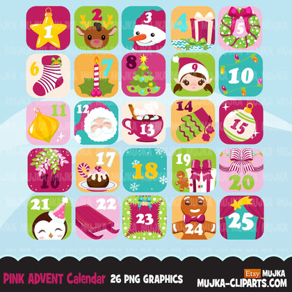 Christmas Clipart, Advent Calendar png, Pink Christmas graphics, Noel graphics, png sublimation clip art, advent bundle