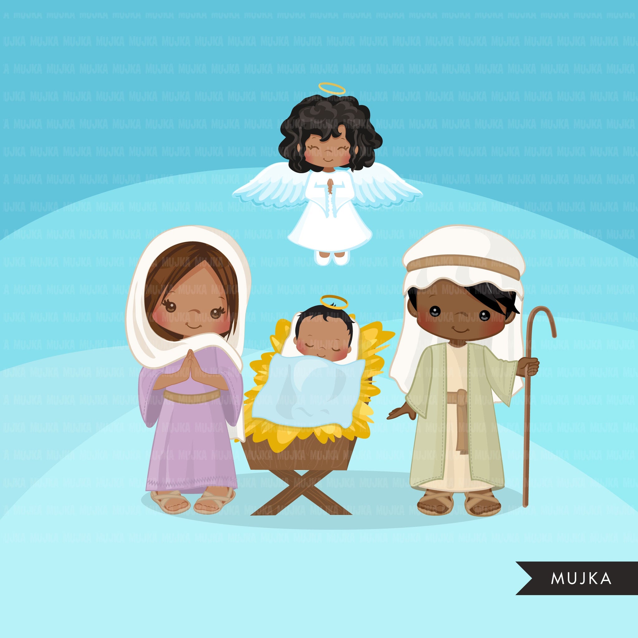 Nativity Clipart, black Jesus, Nativity png, religious illustration, Bible graphics, baby Jesus, Joseph and Mary, Angel, 3 kings, Christian
