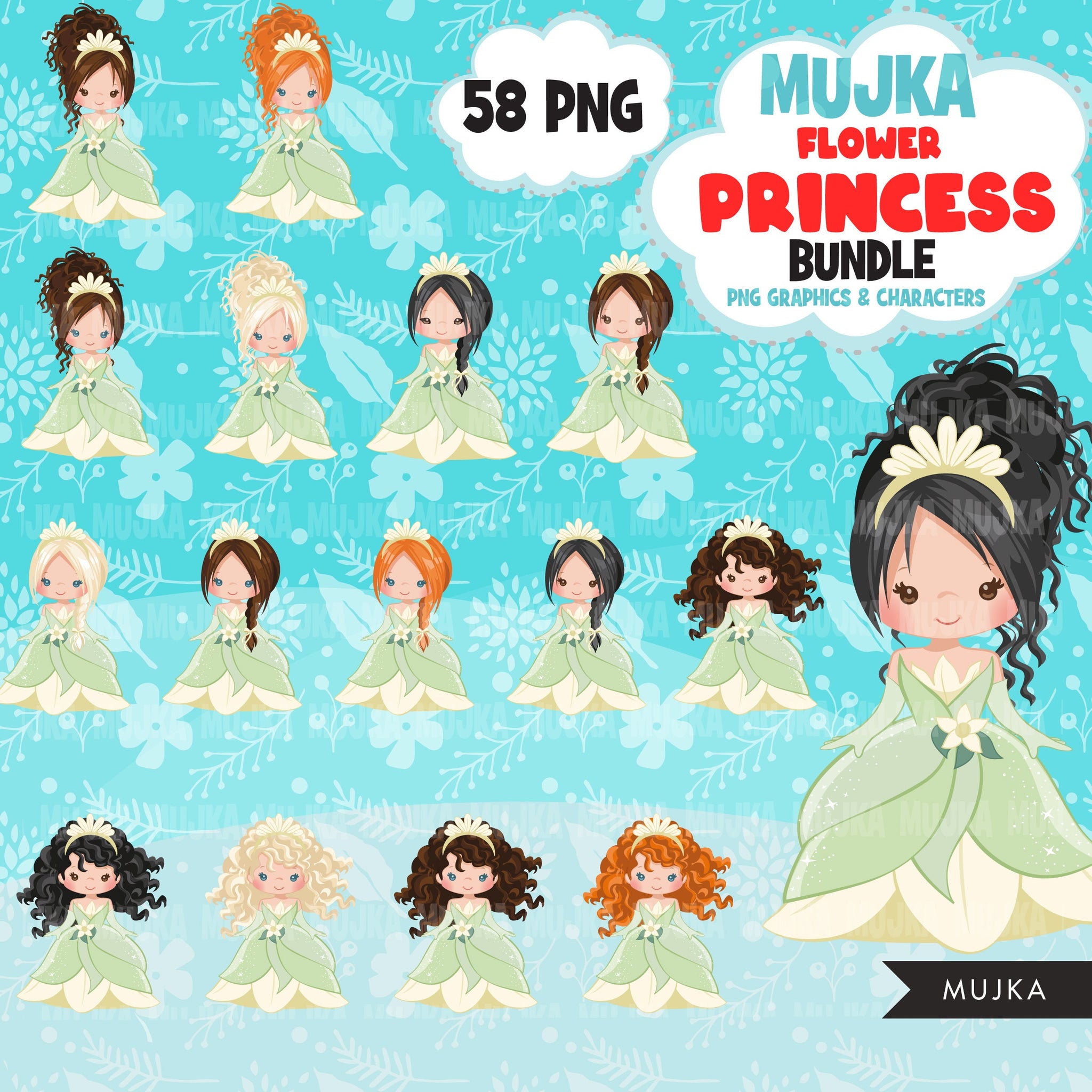 Princess Bundle, princess png, princess clipart, birthday bundle, black princess png, afro princess clipart, Latino princess, Asian png