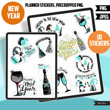 Digital New year stickers, Goodnotes stickers, planner stickers, png precropped stickers, printable  celebration stickers, sublimation png