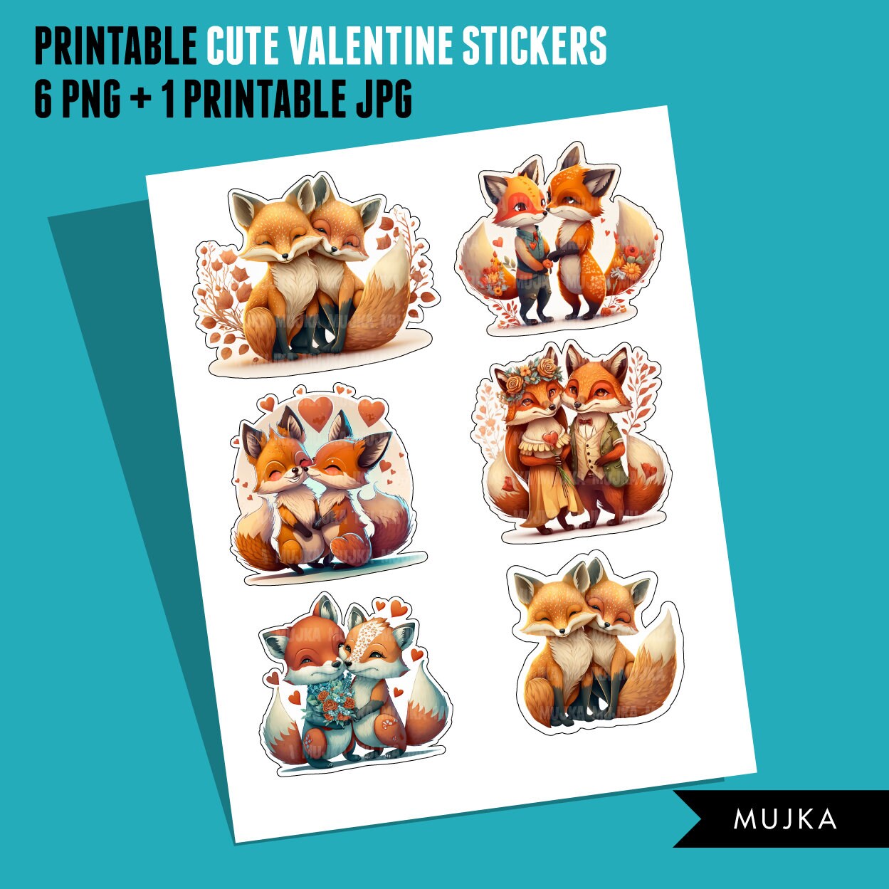 Valentine's Day stickers, Cute Fox stickers, couples png, fox clipart, valentine animals clipart, printable stickers, valentines day fox png