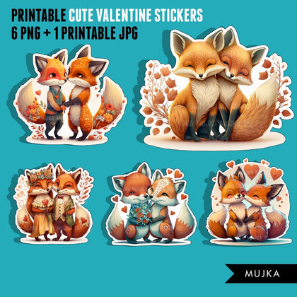 Valentine's Day stickers, Cute Fox stickers, couples png, fox clipart, valentine animals clipart, printable stickers, valentines day fox png