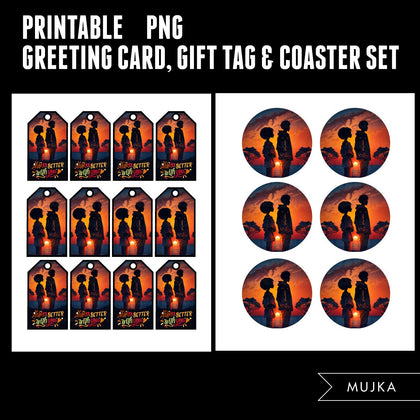 Valentines Day Gift tags, Coaster and Greeting Card printable, Sunset gift tags, Black couples PNG, Sunset art png, Valentines day gifts