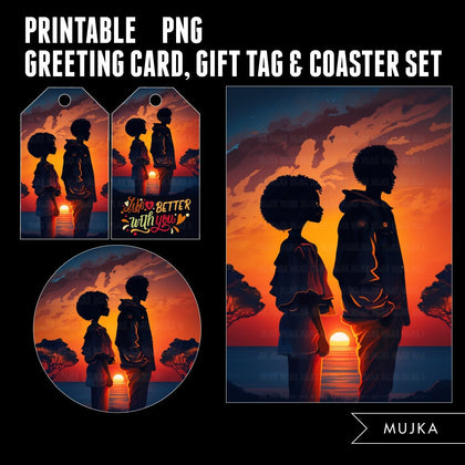 Valentines Day Gift tags, Coaster and Greeting Card printable, Sunset gift tags, Black couples PNG, Sunset art png, Valentines day gifts