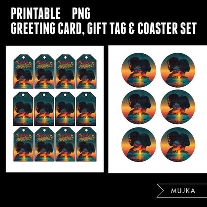 Valentines Day Gift tags, Coaster and Greeting Card printable, Sunset gift tags, Black couples PNG, Sunset art png, Valentines day gifts