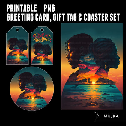 Valentines Day Gift tags, Coaster and Greeting Card printable, Sunset gift tags, Black couples PNG, Sunset art png, Valentines day gifts