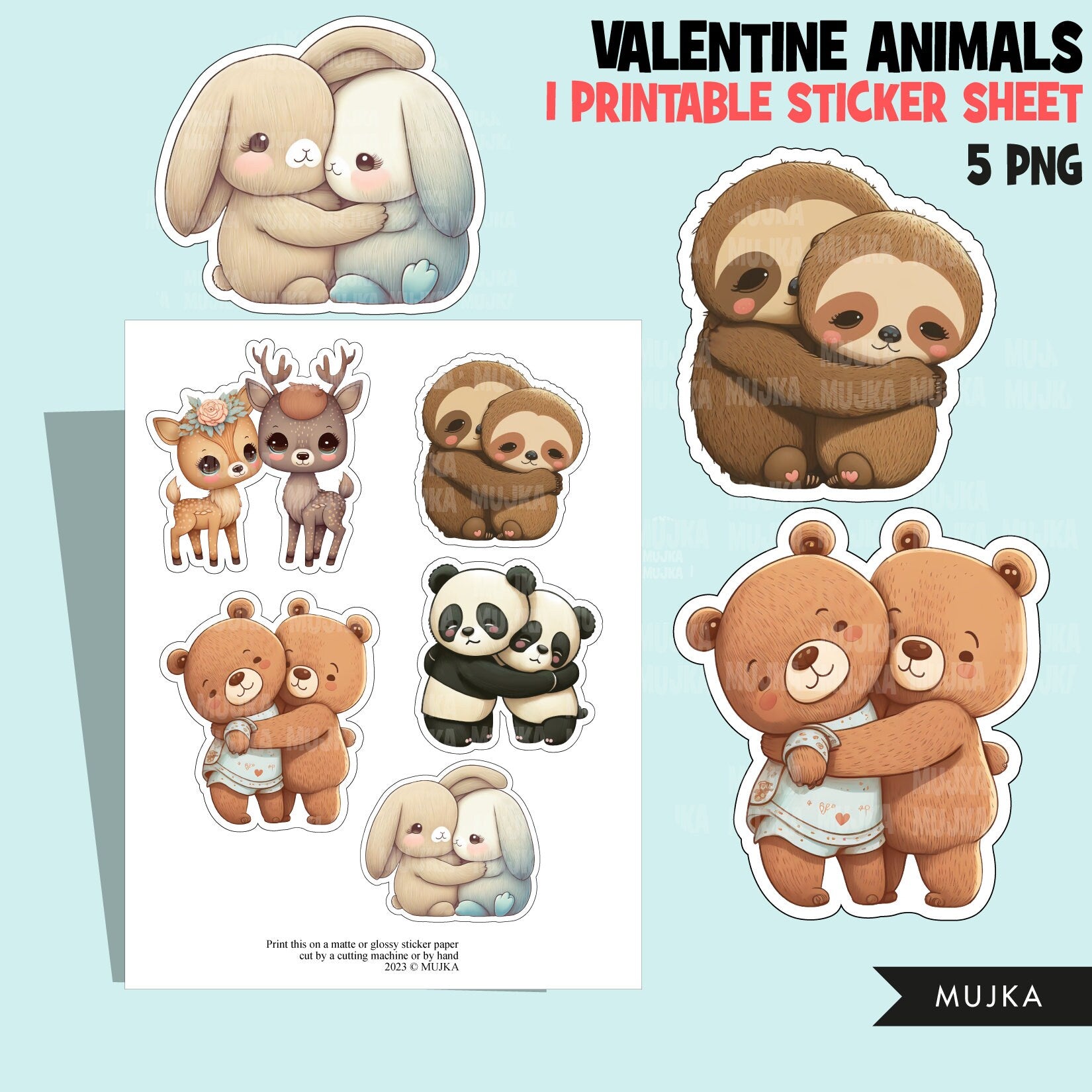 Valentine animals png, animal couples png, cute deer sticker, cute panda clipart, cute sloth stickers, cute bunny png, cute valentine gifts