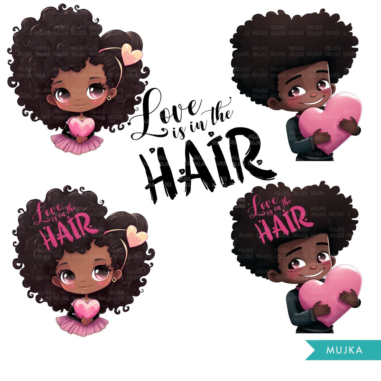 Love is in the hair, Valentine clipart, Black girl valentine, black boy valentine, Valentine couple PNG, Cute black kids design, sublimation