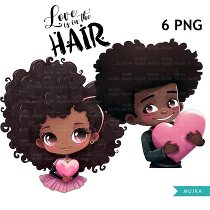 Love is in the hair, Valentine clipart, Black girl valentine, black boy valentine, Valentine couple PNG, Cute black kids design, sublimation