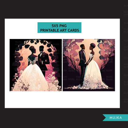 Black couple wall art, black couple printable cards, wedding invitations, bridal shower invitations, bride and groom clipart, black bride valentines