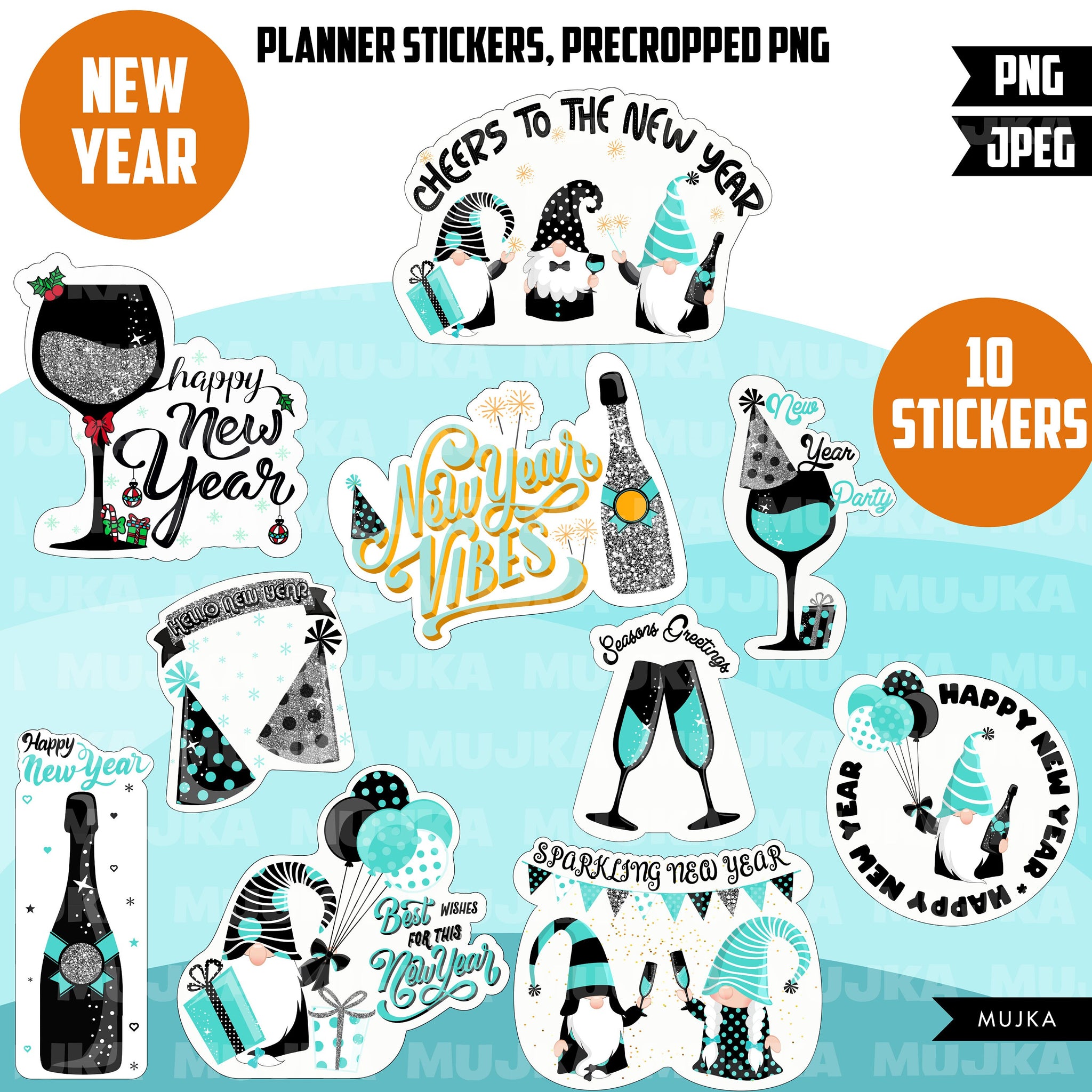 Digital New year stickers, Goodnotes stickers, planner stickers, png precropped stickers, printable  celebration stickers, sublimation png