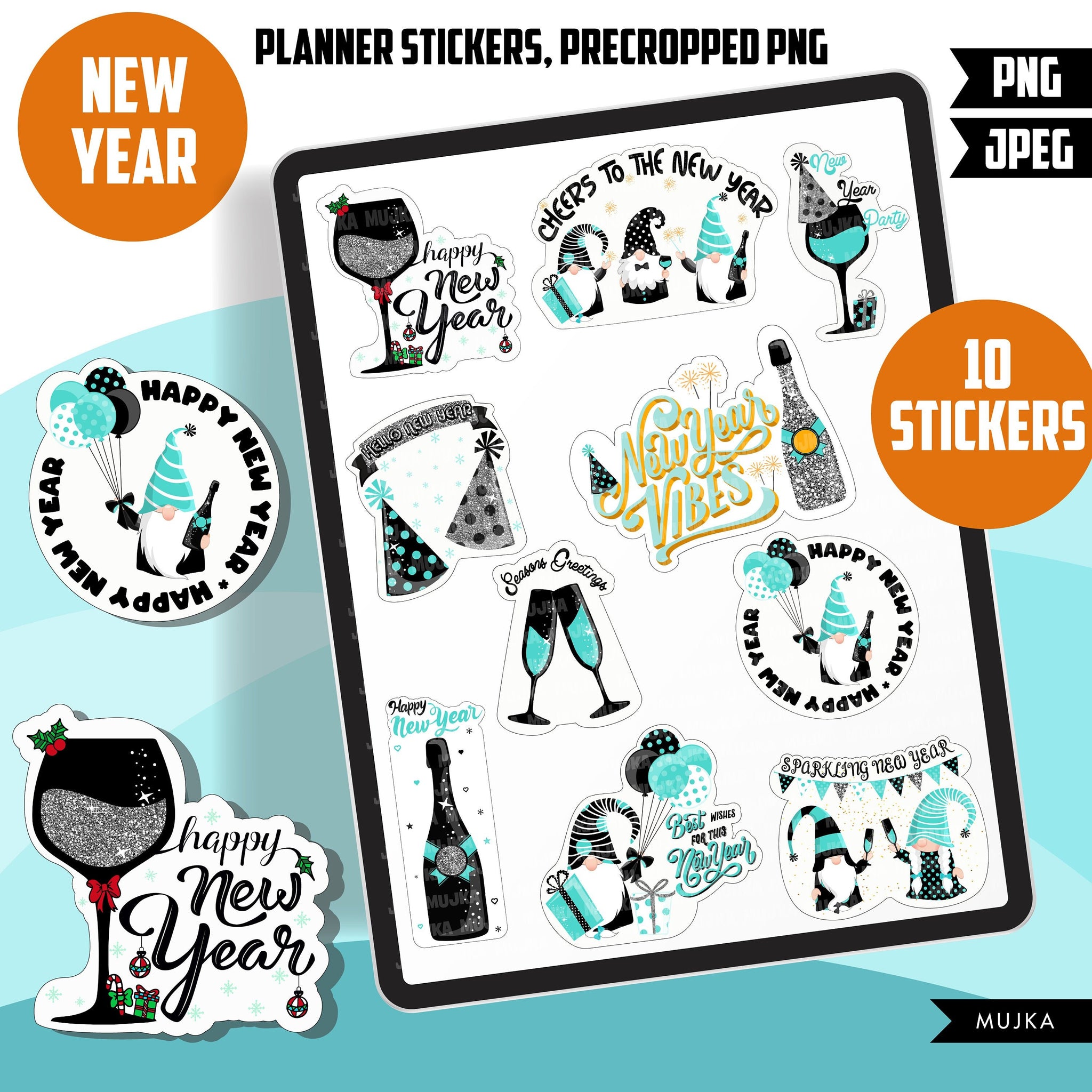 Digital New year stickers, Goodnotes stickers, planner stickers, png precropped stickers, printable  celebration stickers, sublimation png