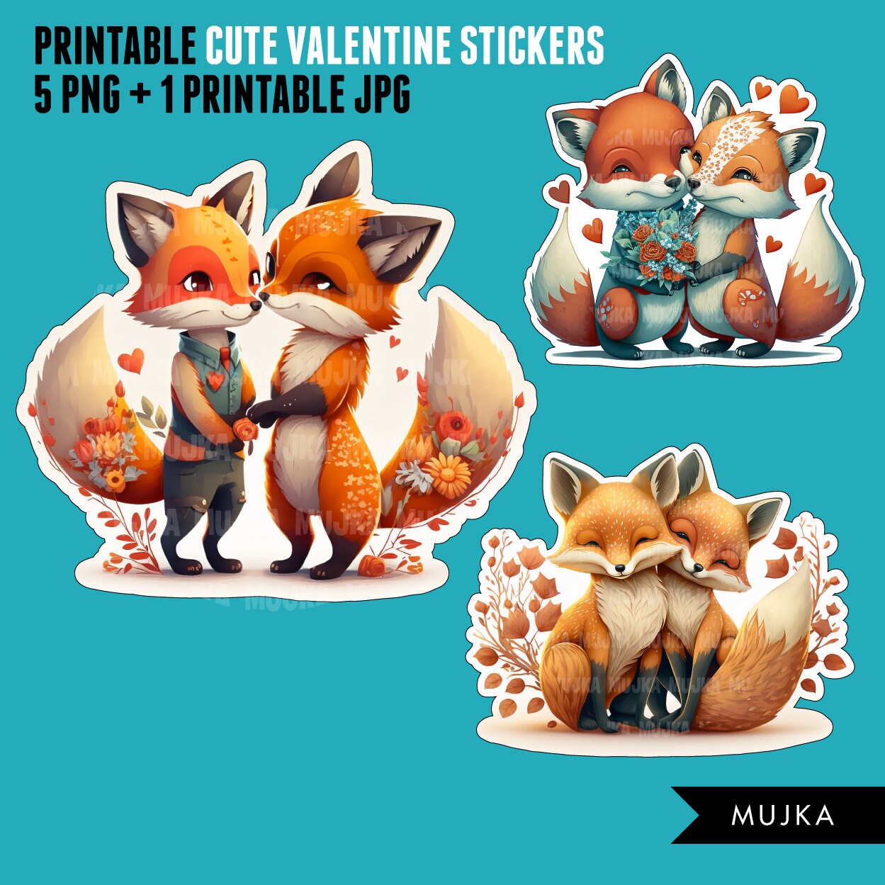 Valentine's Day stickers, Cute Fox stickers, couples png, fox clipart, valentine animals clipart, printable stickers, valentines day fox png
