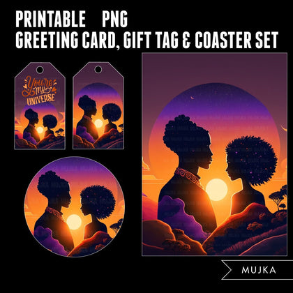 Valentines Day Gift tags, Coaster and Greeting Card printable, Sunset gift tags, Black couples PNG, Sunset art png, Valentines day gifts