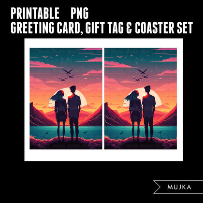 Valentines Day Gift tags, Coaster and Greeting Card printable, Sunset gift tags, couples PNG, Sunset art png, Valentines day gifts, wall art