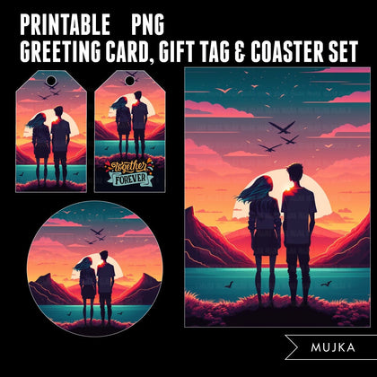 Valentines Day Gift tags, Coaster and Greeting Card printable, Sunset gift tags, couples PNG, Sunset art png, Valentines day gifts, wall art