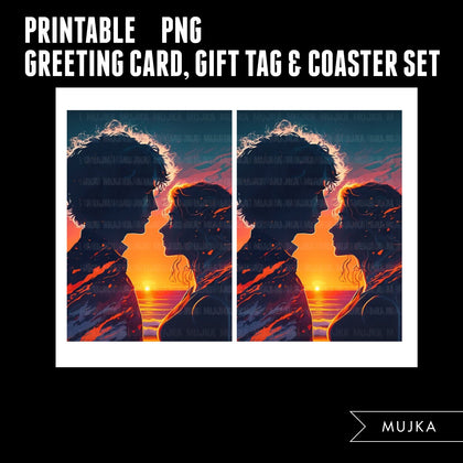 Valentines Day Gift tags, Coaster and Greeting Card printable, Sunset gift tags, couples PNG, Sunset art png, Valentines day gifts, wall art
