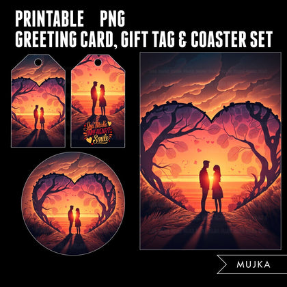Valentines Day Gift tags, Coaster and Greeting Card printable, Sunset gift tags, couples PNG, Sunset art png, Valentines day gifts, wall art