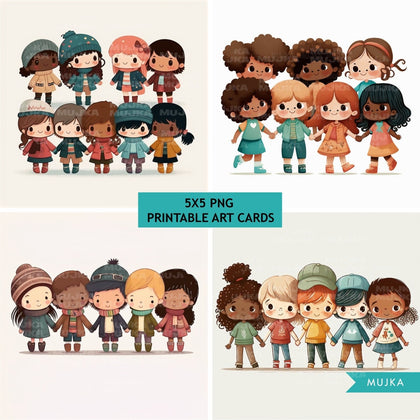 Diverse earth, printable valentine cards, kids valentine cards, friendship cards, diverse children art, kids cards, kids printable art