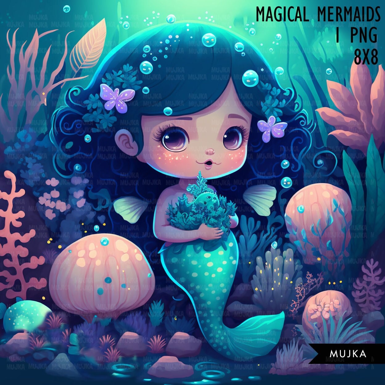 Mermaid wall art, printable mermaid decor, sublimation designs, cute mermaid clipart, undersea watercolor clipart, mermaid background png, cute girl