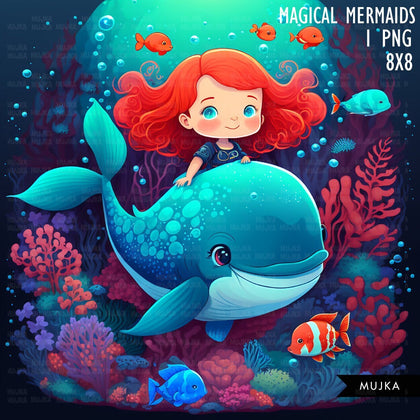 Mermaid wall art, printable mermaid decor, sublimation designs, cute mermaid clipart, undersea watercolor clipart, mermaid background png