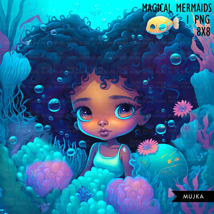 Black Mermaid wall art printable mermaid decor sublimation design cute mermaid png undersea art