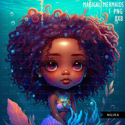 Black Mermaid wall art printable mermaid decor sublimation design cute mermaid png undersea art