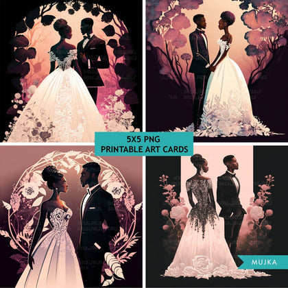 Black couple wall art, black couple printable cards, wedding invitations, bridal shower invitations, bride and groom clipart, black bride valentines