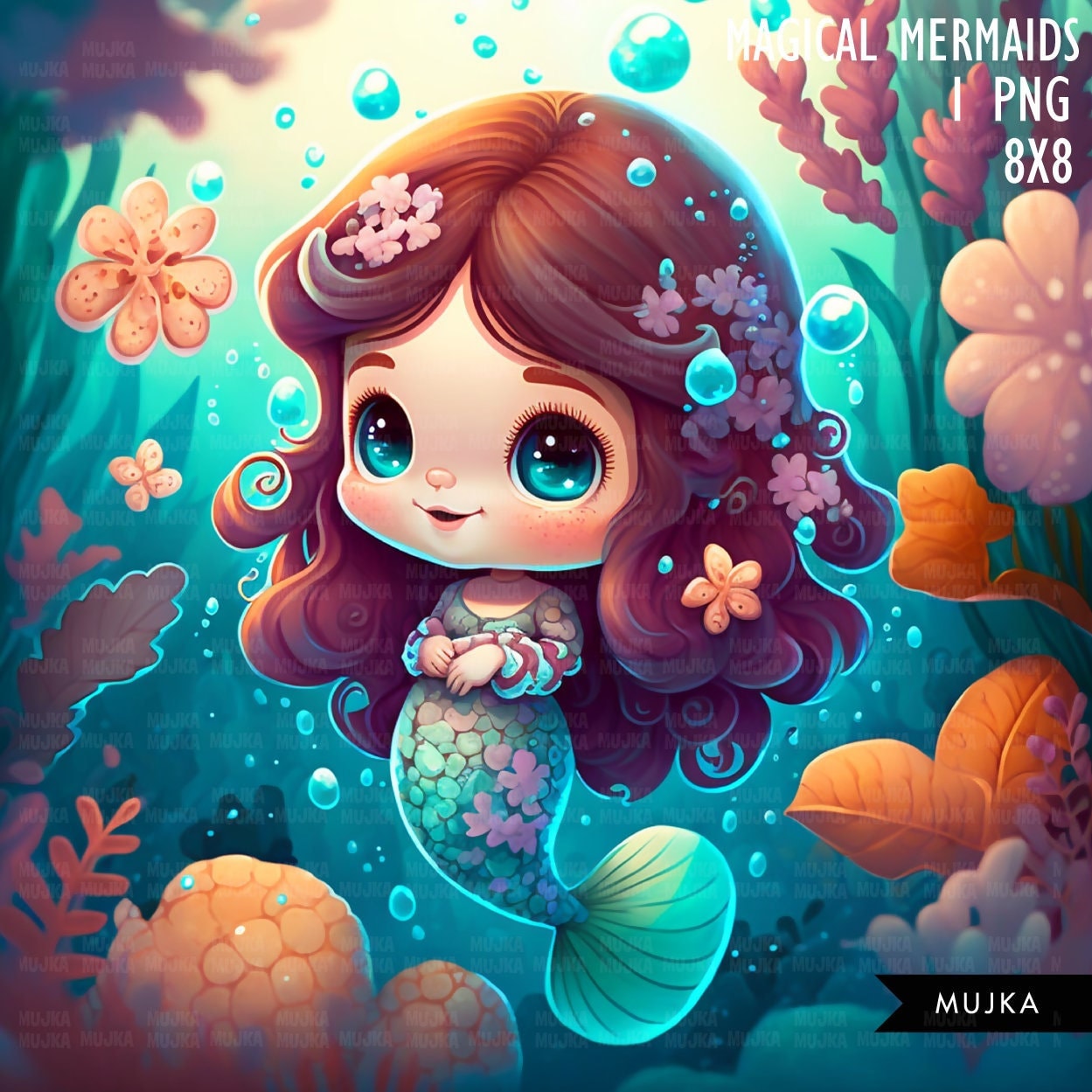 Mermaid wall art, printable mermaid decor, sublimation designs, cute mermaid clipart, undersea watercolor clipart, mermaid background png, girl