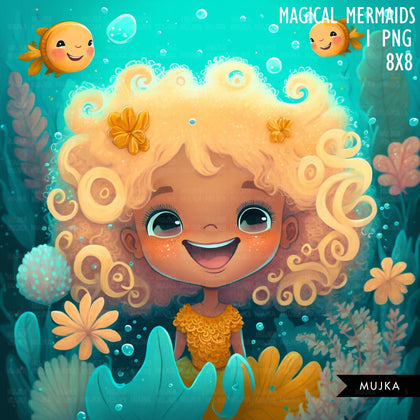 Black Mermaid wall art, printable mermaid decor, sublimation designs, cute mermaid, undersea watercolor clipart, mermaid background png, girl