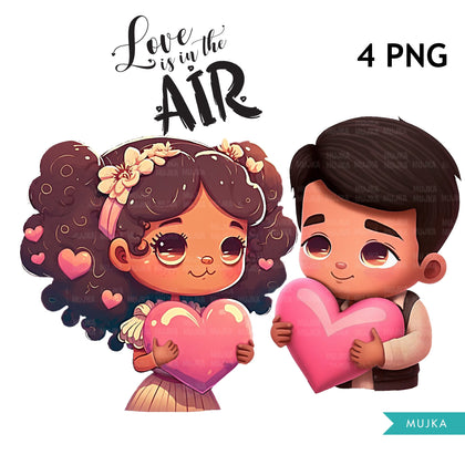 Love is in the air, Valentine clipart, Latina girl valentine, Latino boy valentine, Valentine couple PNG, Cute Latino kids sublimation