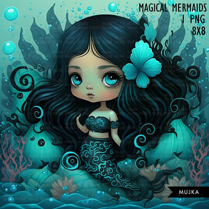 Mermaid wall art, printable mermaid decor, sublimation designs, cute mermaid clipart, undersea watercolor clipart, mermaid background png
