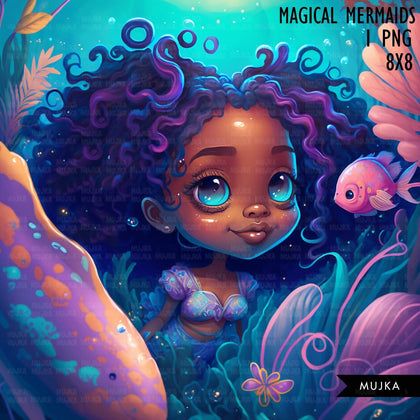 Black Mermaid wall art printable mermaid decor sublimation design cute mermaid png undersea art