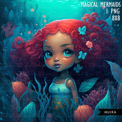 Black Mermaid wall art printable mermaid decor sublimation design cute mermaid png undersea art