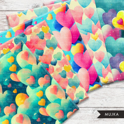Papeles digitales del Día de San Valentín, papel digital de corazón de acuarela, patrón sin costuras de San Valentín, patrón de corazón, fondo digital de acuarela de amor