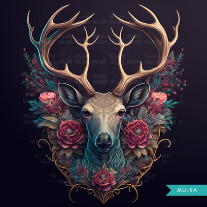 Astas de ciervo, cabeza de ciervo png, impresiones de arte, arte de pared de ciervo, decoración floral de ciervo, descarga digital de pintura de ciervo, arte animal, arte de ciervo de acuarela