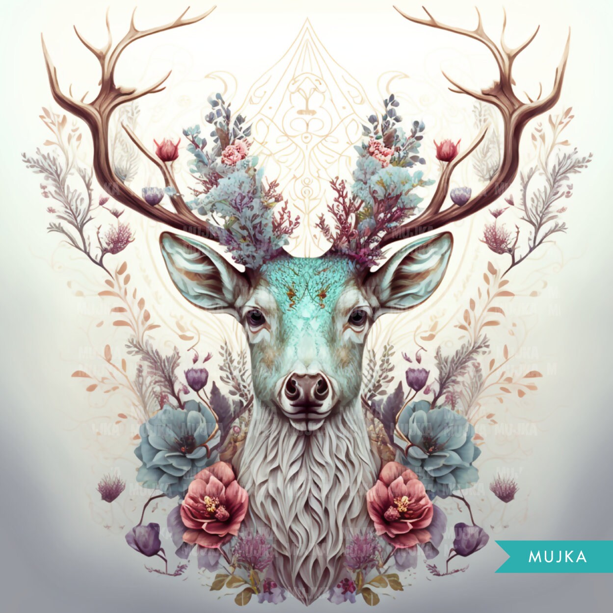 Deer antlers, deer head png, art prints, deer wall art, floral deer decor, deer painting digital download, animal art, watercolor deer art